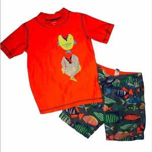 4T fish neon orange rash guard and swim trunks